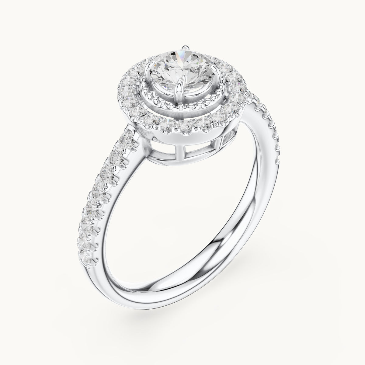 Round lab-grown diamond halo engagement ring with milgrain detail in white gold, 0.898 CT TW, view 2