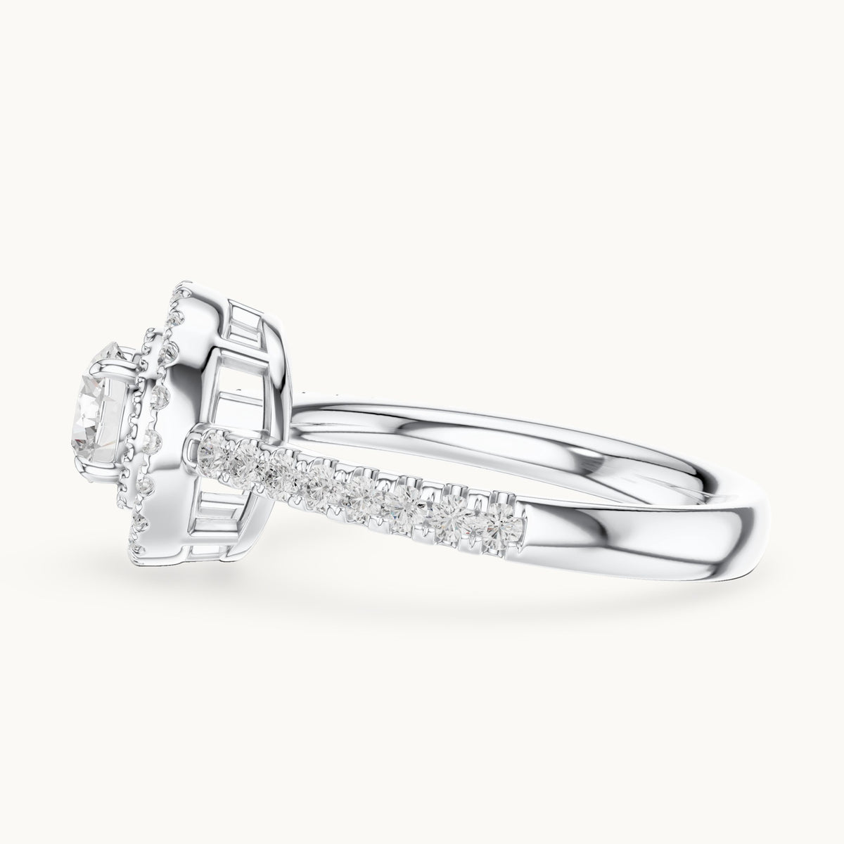 Round lab-grown diamond halo engagement ring with milgrain detail in white gold, 0.898 CT TW, view 3