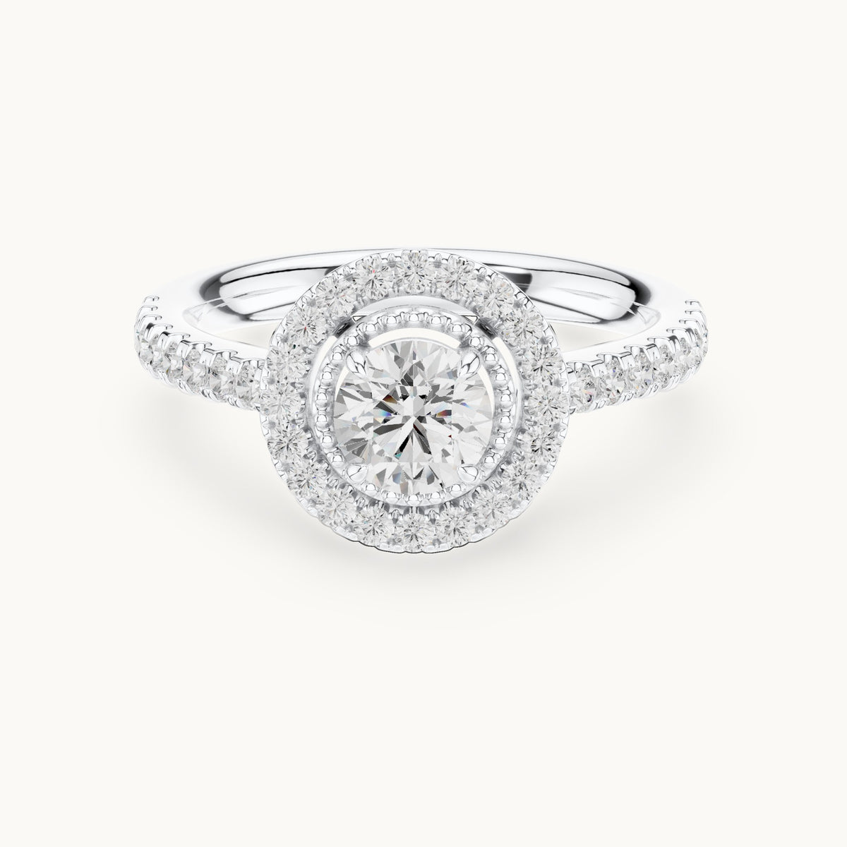 Round lab-grown diamond halo engagement ring with milgrain detail in white gold, 0.898 CT TW, view 4