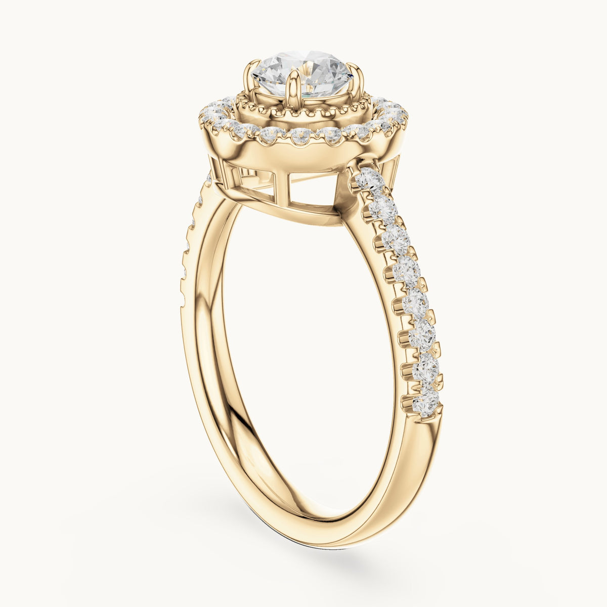 Round lab-grown diamond halo engagement ring with milgrain detail in yellow gold, 0.898 CT TW, view 1
