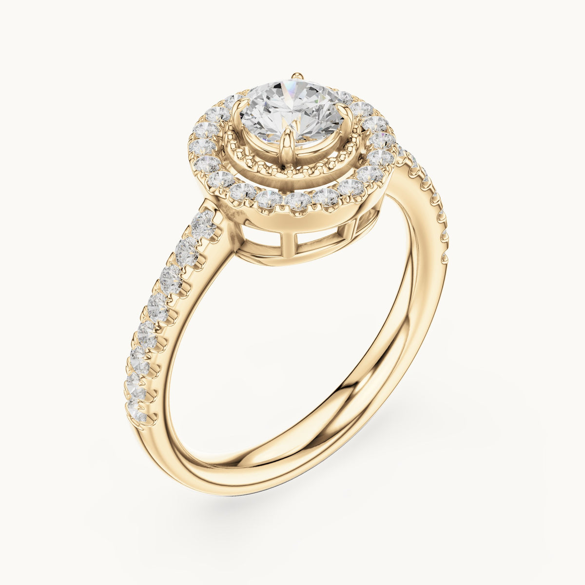Round lab-grown diamond halo engagement ring with milgrain detail in yellow gold, 0.898 CT TW, view 2