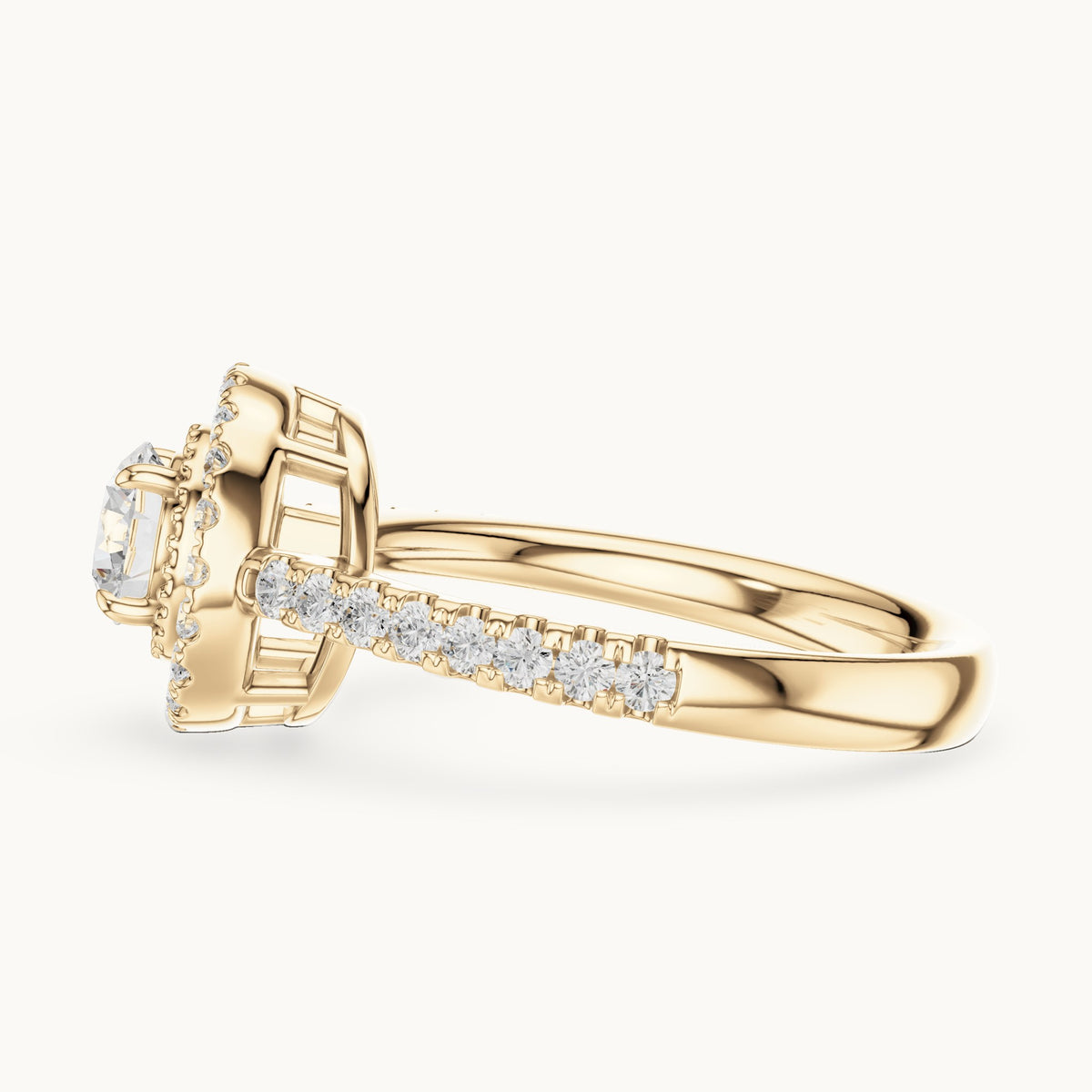 Round lab-grown diamond halo engagement ring with milgrain detail in yellow gold, 0.898 CT TW, view 3