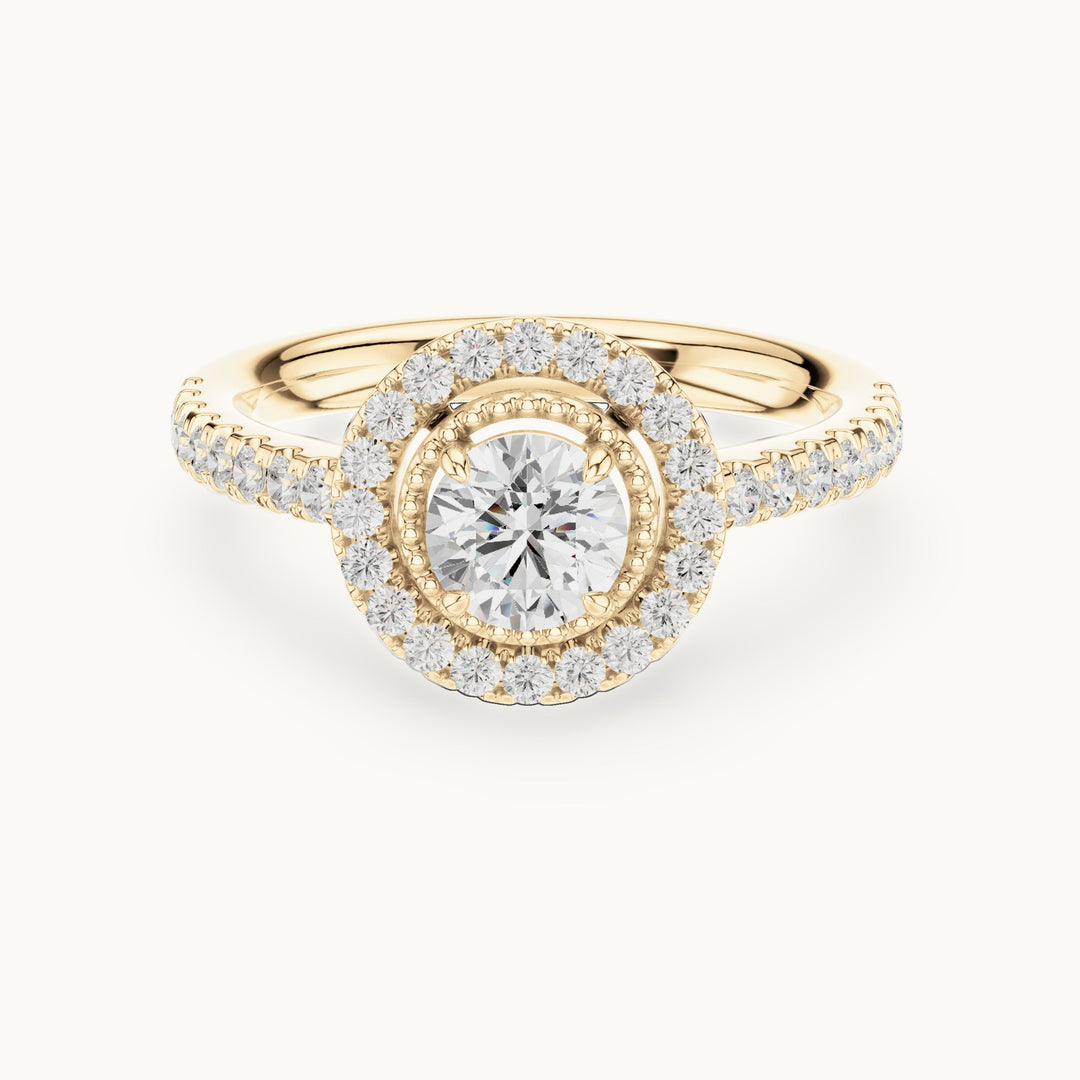 Round lab-grown diamond halo engagement ring with milgrain detail in yellow gold, 0.898 CT TW, view 4