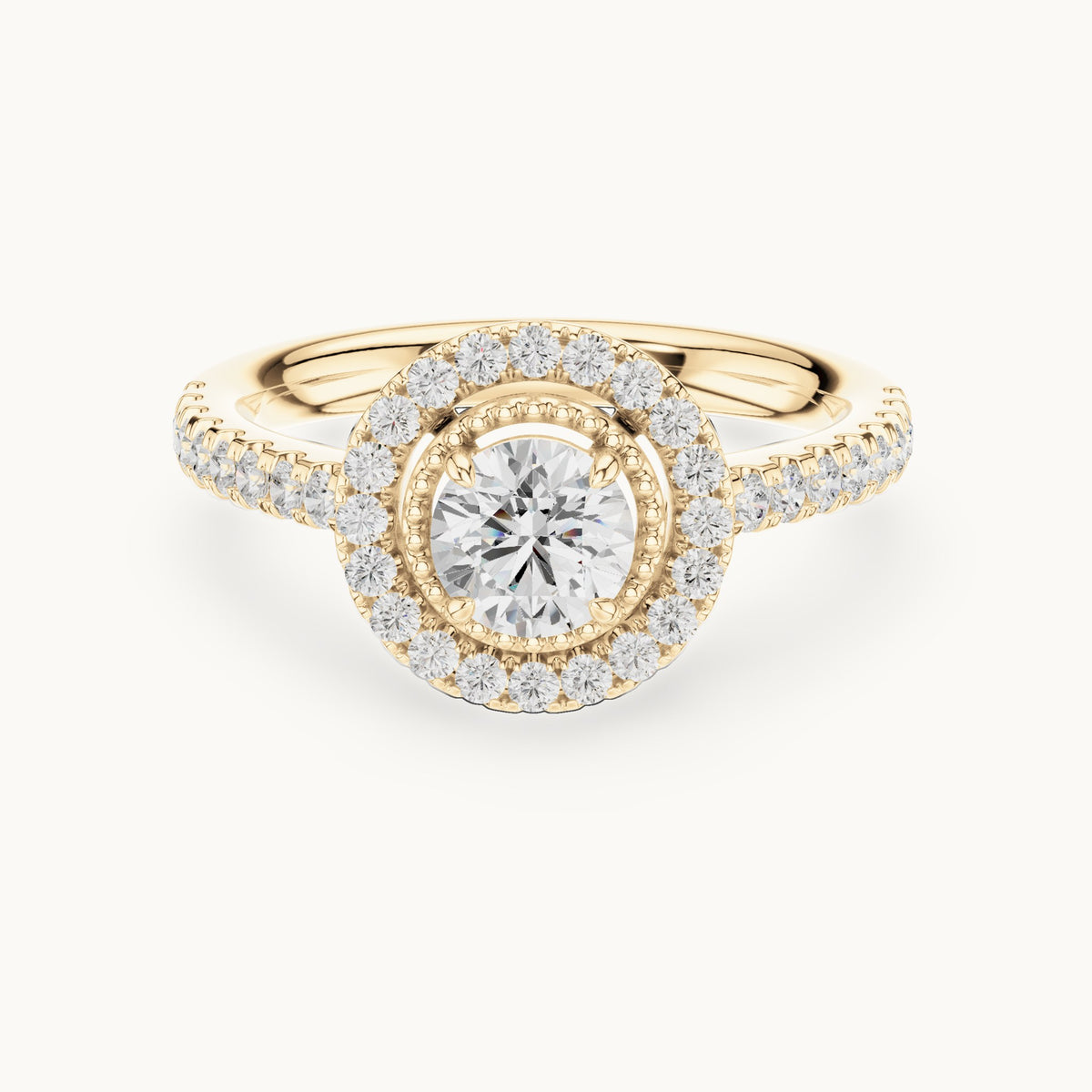 Round lab-grown diamond halo engagement ring with milgrain detail in yellow gold, 0.898 CT TW, view 4