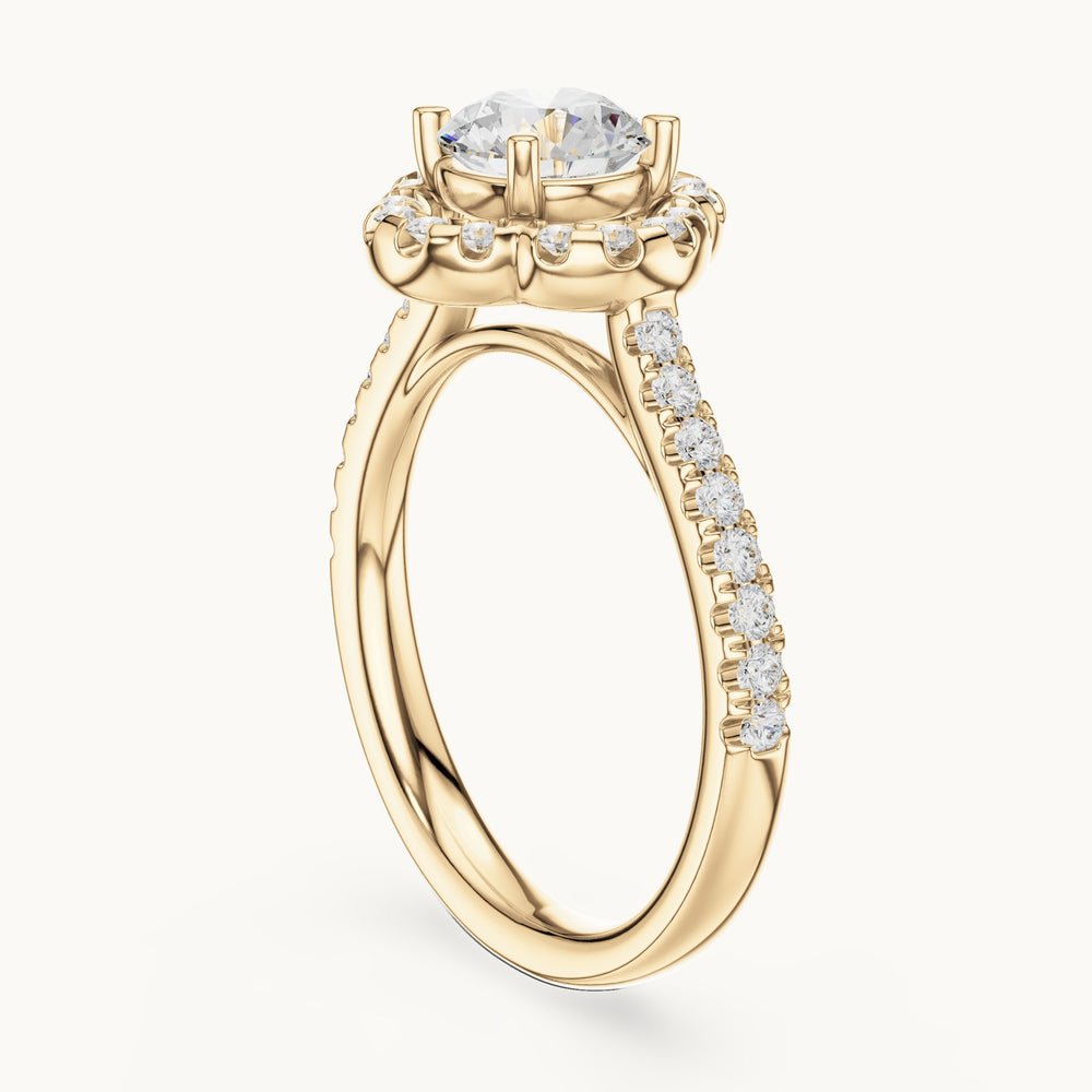 Round lab-grown diamond quatrefoil halo engagement ring in yellow gold, 1.314 CT TW, view 1