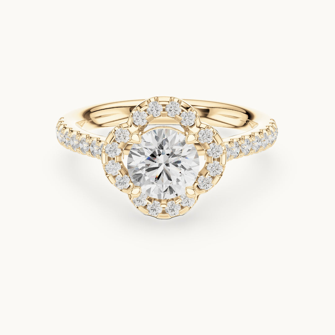 Round lab-grown diamond quatrefoil halo engagement ring in yellow gold, 1.314 CT TW, view 4