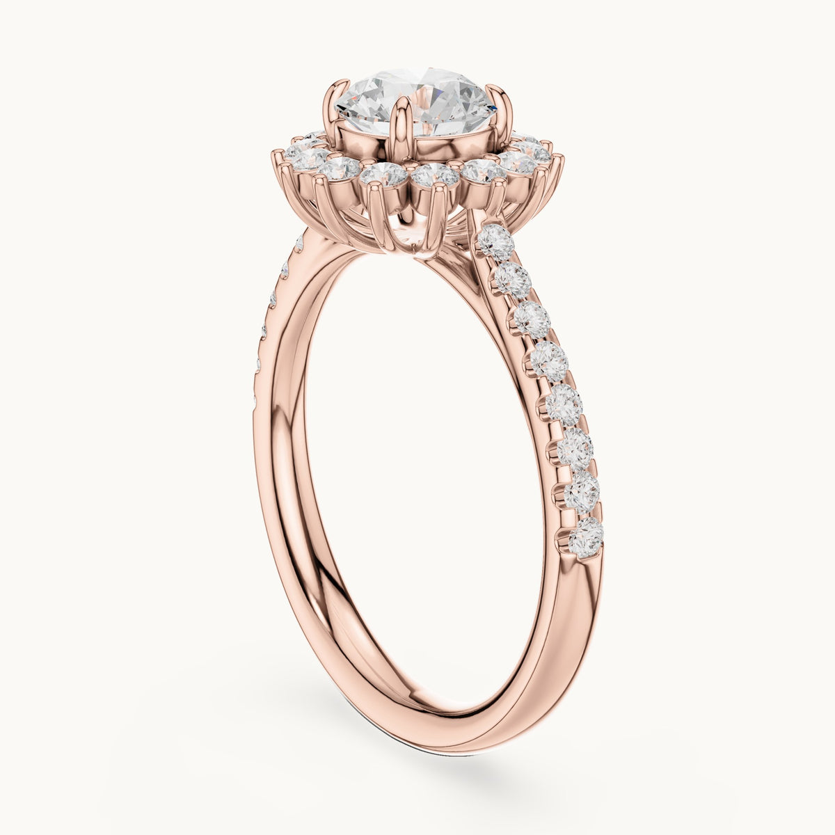 Round lab-grown diamond sunburst halo engagement ring with pavé band in rose gold, 1.11 CT TW, view 1