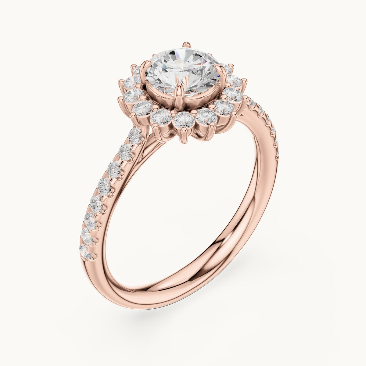 Round lab-grown diamond sunburst halo engagement ring with pavé band in rose gold, 1.11 CT TW, view 2