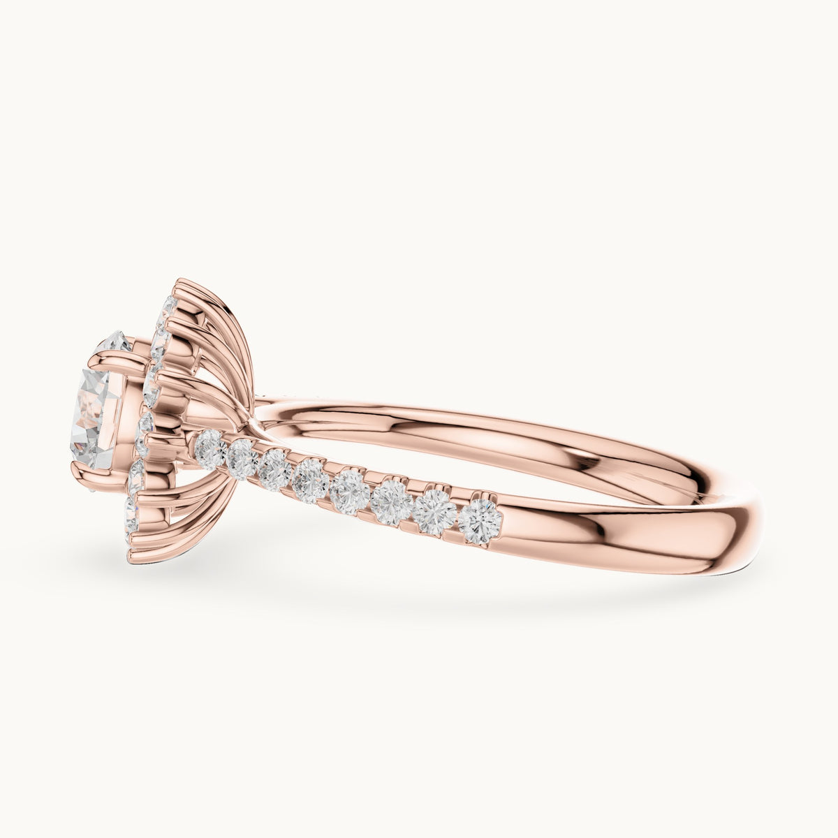 Round lab-grown diamond sunburst halo engagement ring with pavé band in rose gold, 1.11 CT TW, view 3