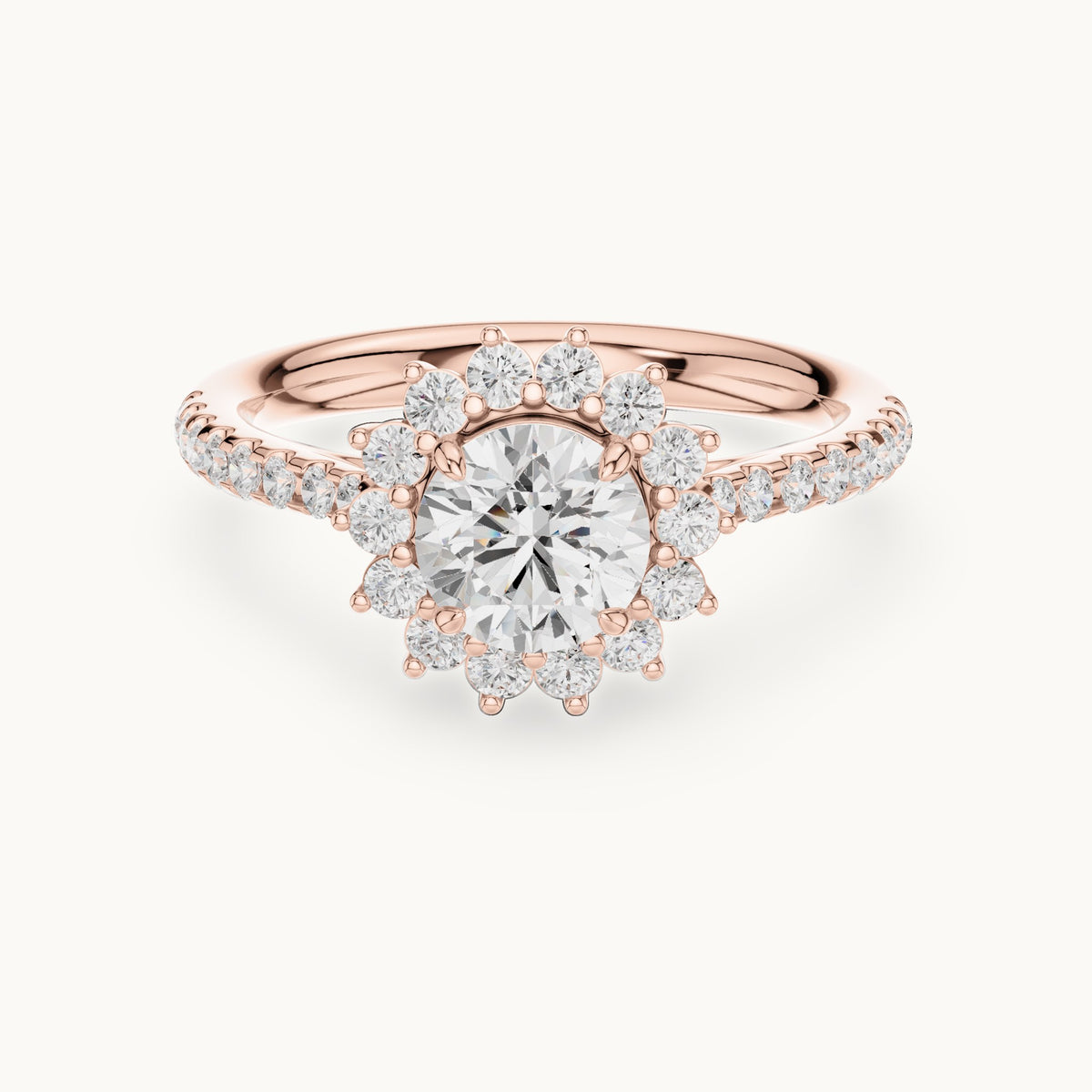 Round lab-grown diamond sunburst halo engagement ring with pavé band in rose gold, 1.11 CT TW, view 4