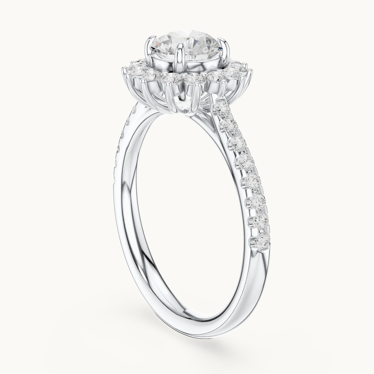 Round lab-grown diamond sunburst halo engagement ring with pavé band in white gold, 1.11 CT TW, view 1