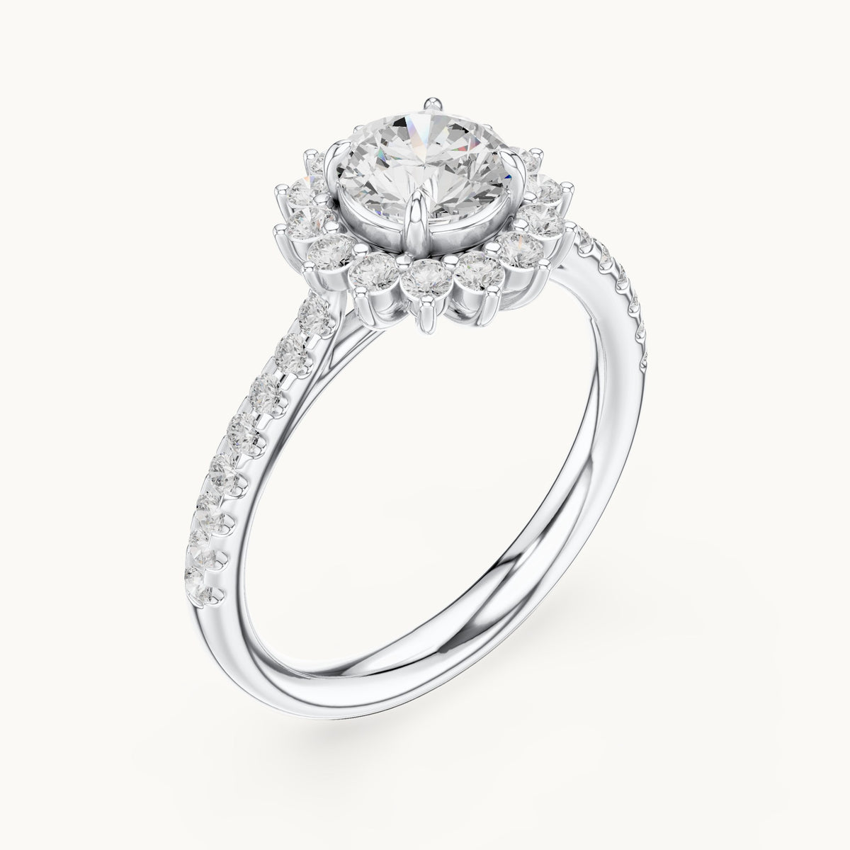 Round lab-grown diamond sunburst halo engagement ring with pavé band in white gold, 1.11 CT TW, view 2