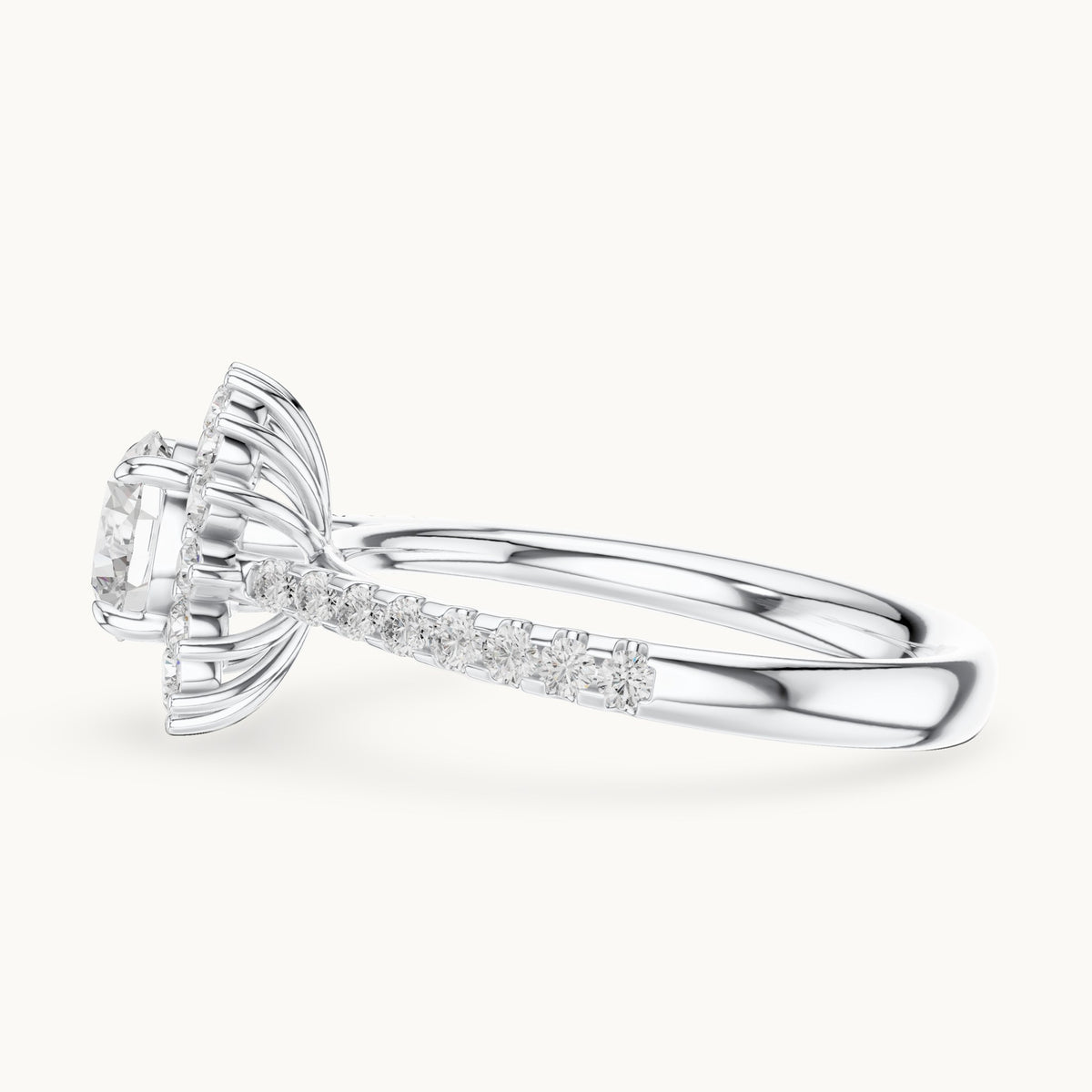 Round lab-grown diamond sunburst halo engagement ring with pavé band in white gold, 1.11 CT TW, view 3