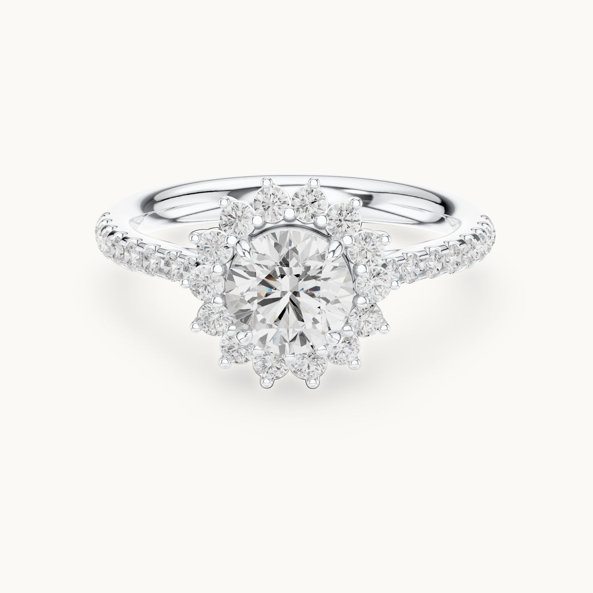Round lab-grown diamond sunburst halo engagement ring with pavé band in white gold, 1.11 CT TW, view 4