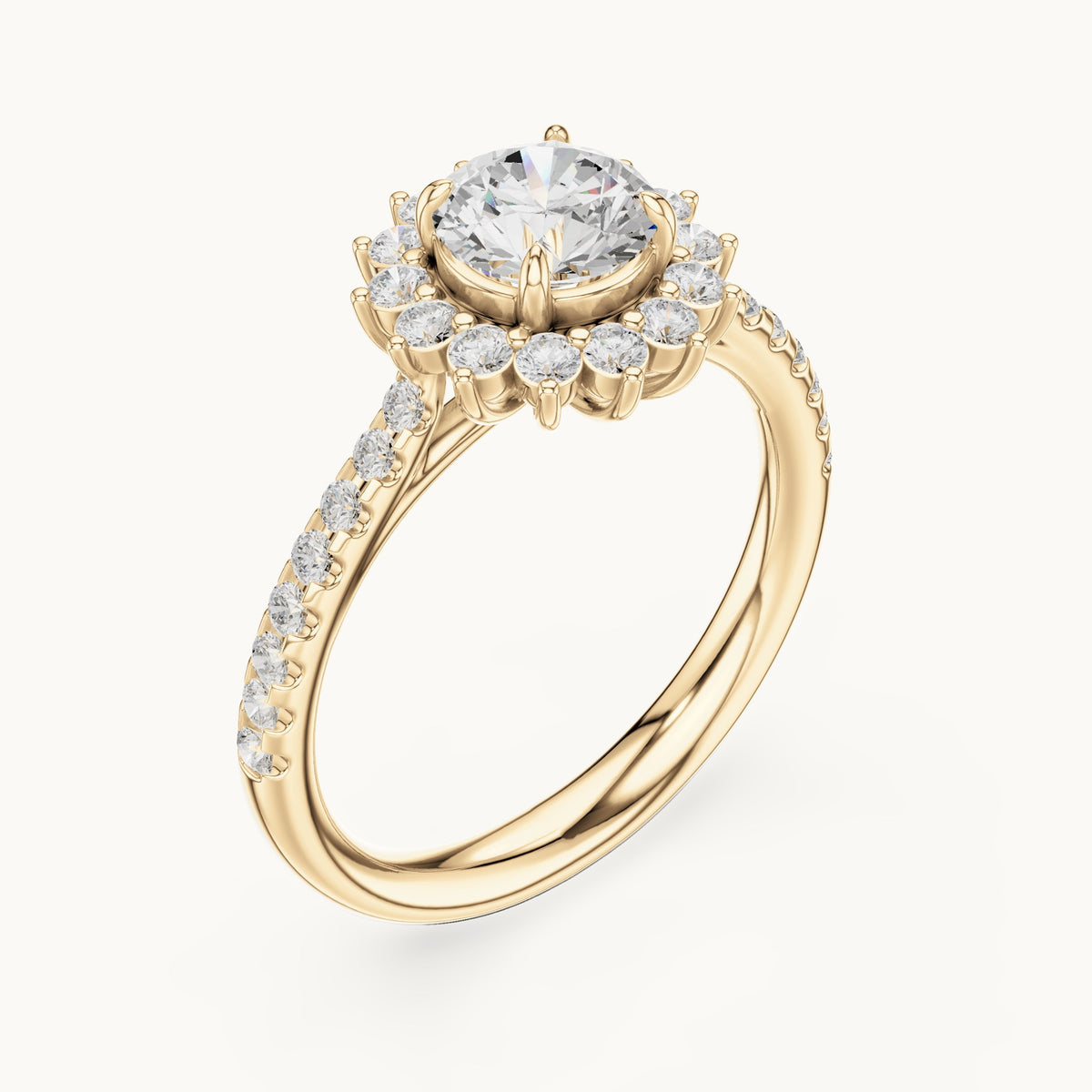 Round lab-grown diamond sunburst halo engagement ring with pavé band in yellow gold, 1.11 CT TW, view 2
