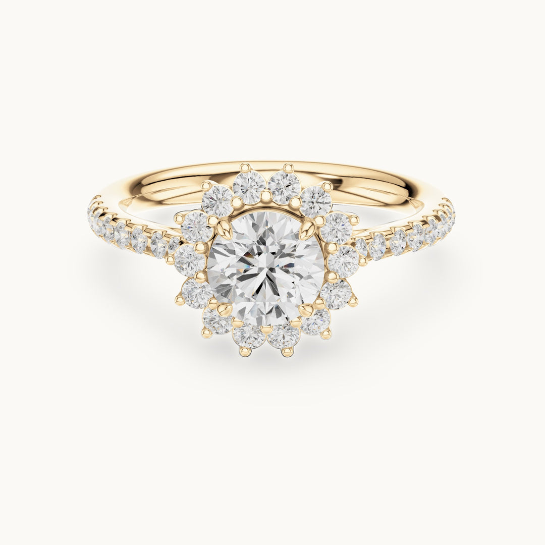 Round lab-grown diamond sunburst halo engagement ring with pavé band in yellow gold, 1.11 CT TW, view 4