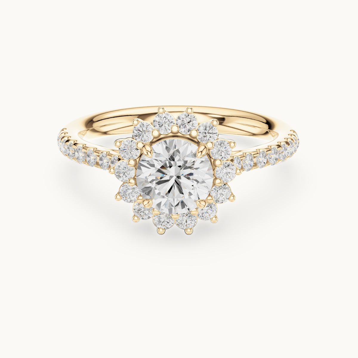 Round lab-grown diamond sunburst halo engagement ring with pavé band in yellow gold, 1.11 CT TW, view 4