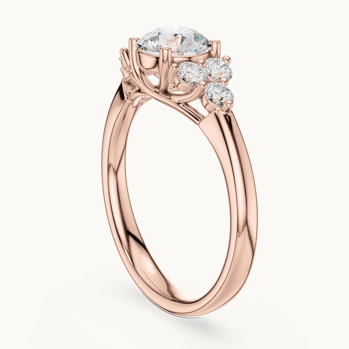 Round lab-grown diamond engagement ring with side clusters in rose gold, 1.35 CT TW, view 1