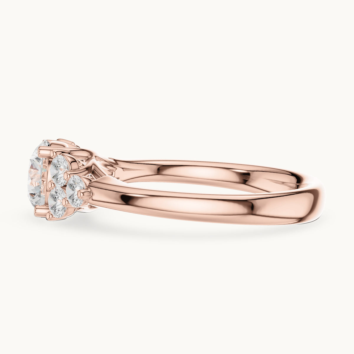 Round lab-grown diamond engagement ring with side clusters in rose gold, 1.35 CT TW, view 3