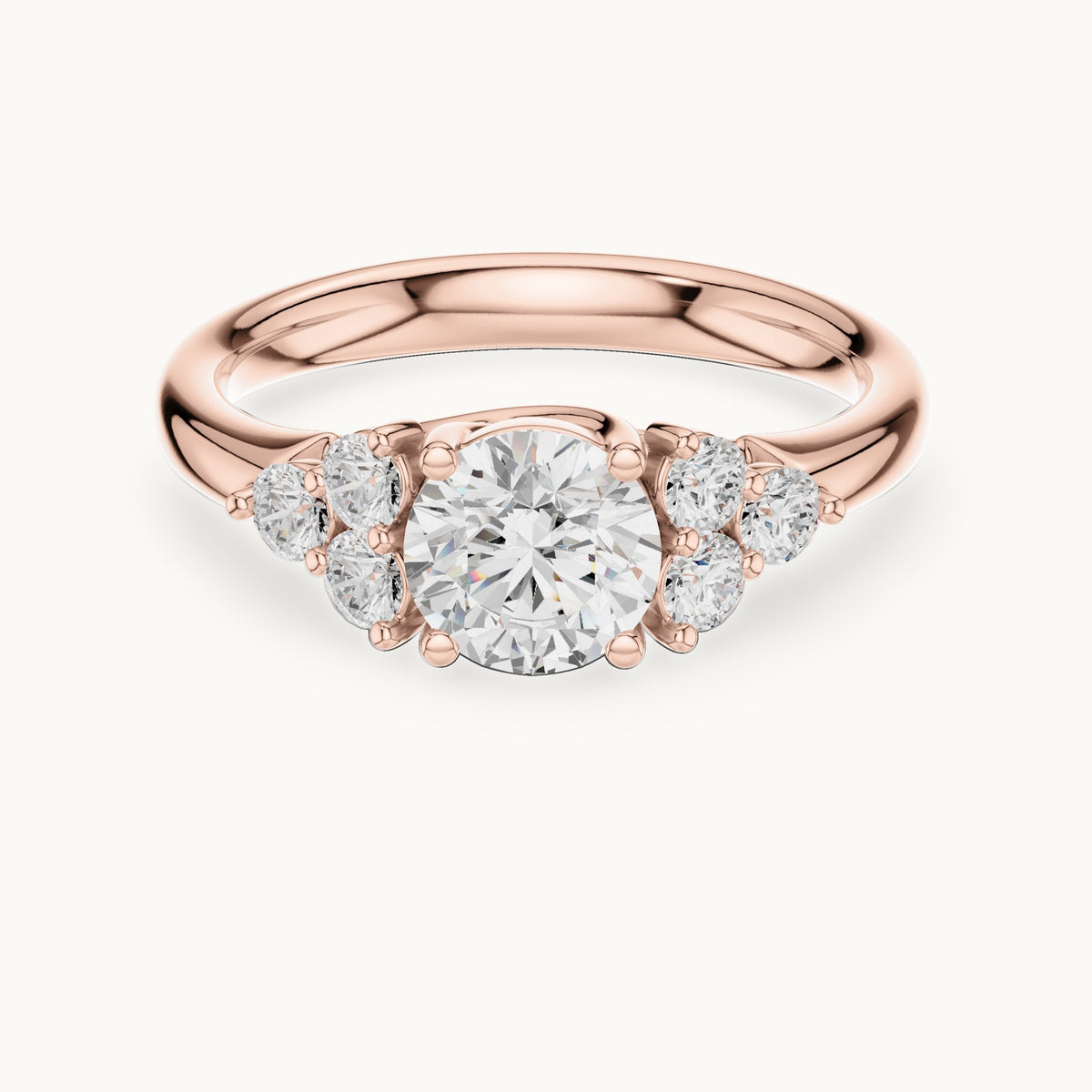 Round lab-grown diamond engagement ring with side clusters in rose gold, 1.35 CT TW, view 4