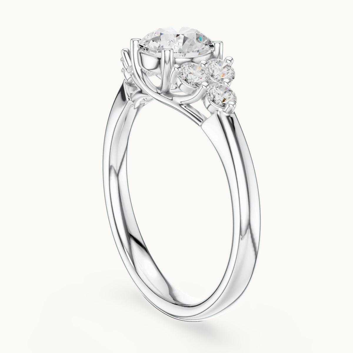 Round lab-grown diamond engagement ring with side clusters in white gold, 1.35 CT TW, view 1