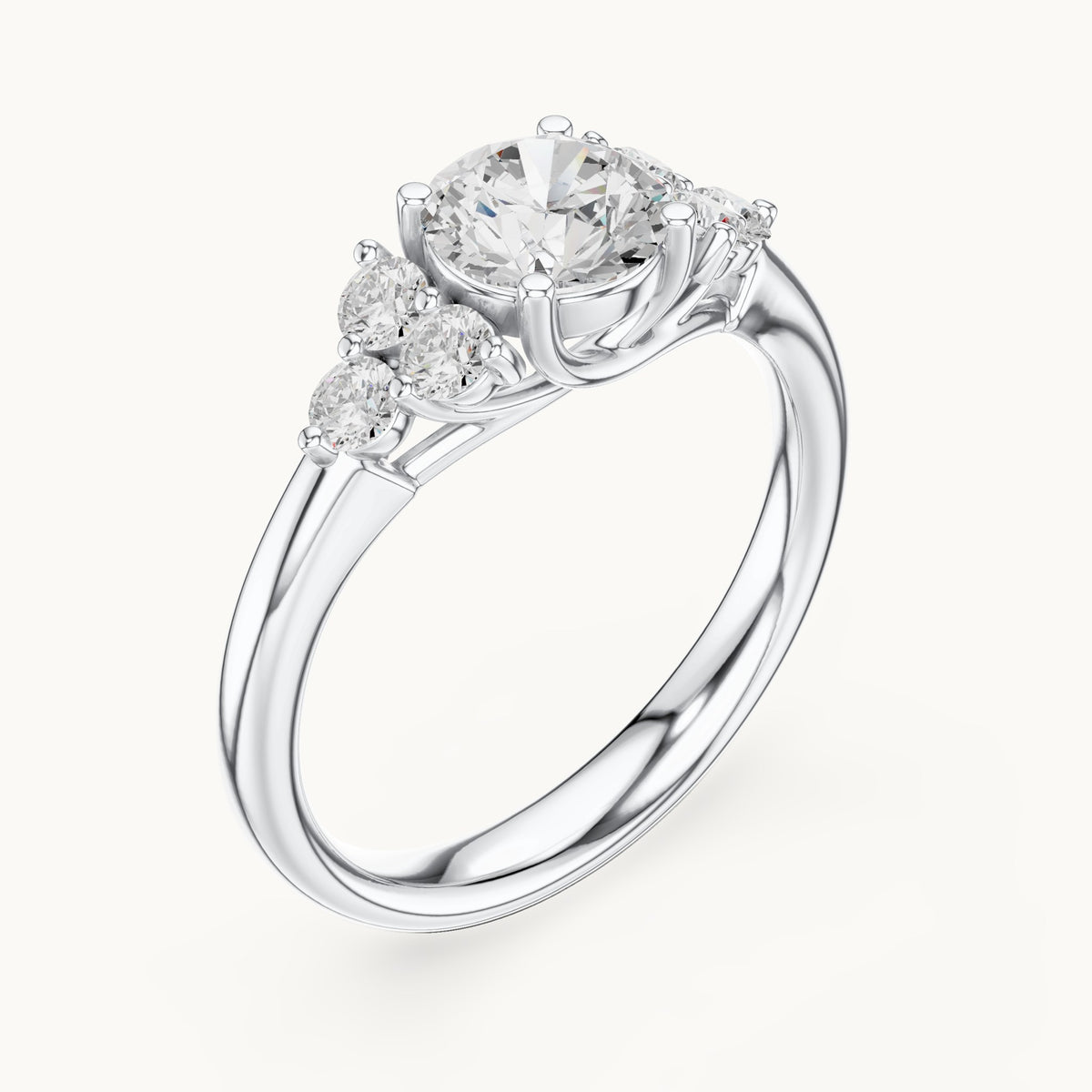 Round lab-grown diamond engagement ring with side clusters in white gold, 1.35 CT TW, view 2