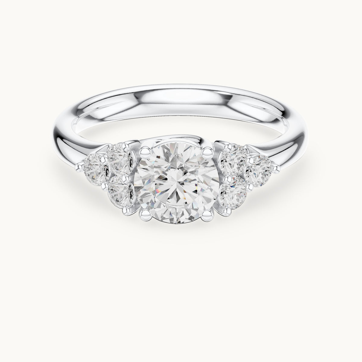 Round lab-grown diamond engagement ring with side clusters in white gold, 1.35 CT TW, view 4