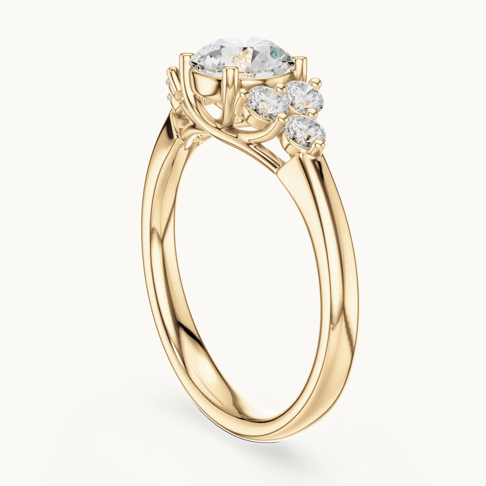 Round lab-grown diamond engagement ring with side clusters in yellow gold, 1.35 CT TW, view 1