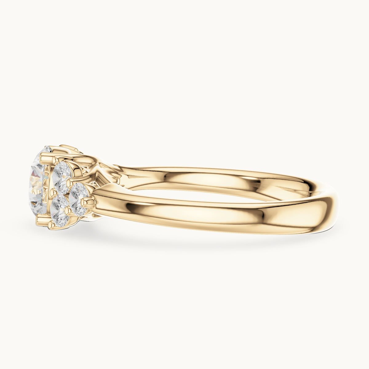 Round lab-grown diamond engagement ring with side clusters in yellow gold, 1.35 CT TW, view 3
