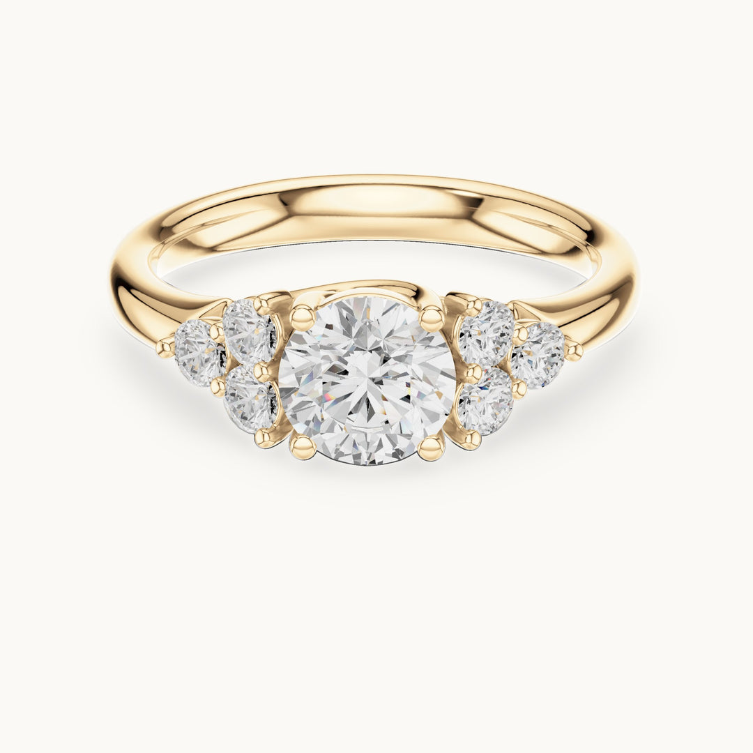 Round lab-grown diamond engagement ring with side clusters in yellow gold, 1.35 CT TW, view 4