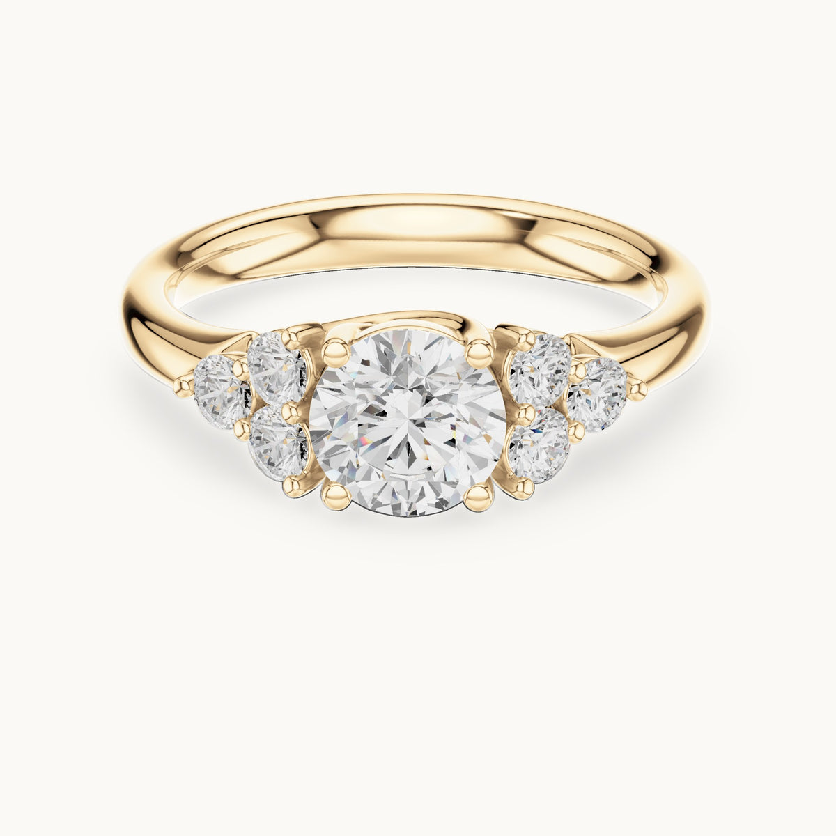 Round lab-grown diamond engagement ring with side clusters in yellow gold, 1.35 CT TW, view 4