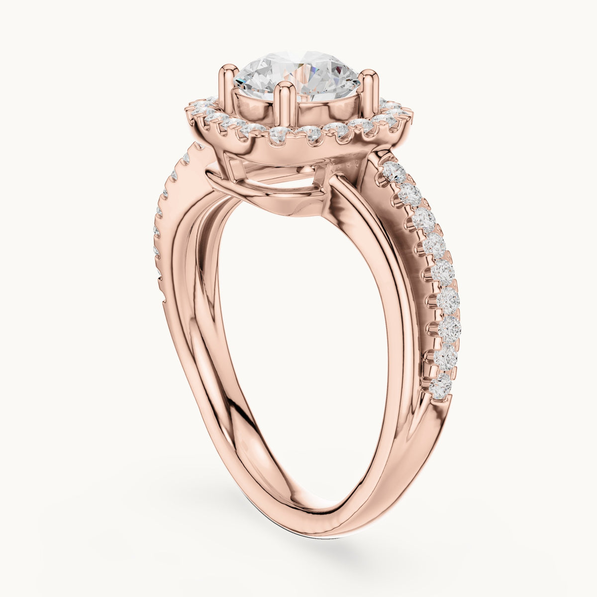 Round lab-grown diamond cushion halo crossover engagement ring in rose gold, 1.539 CT TW, view 1