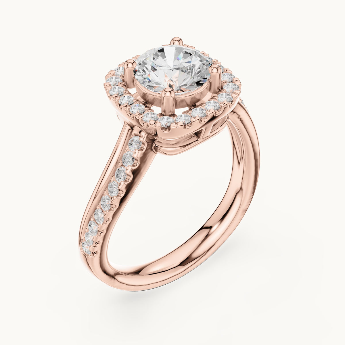 Round lab-grown diamond cushion halo crossover engagement ring in rose gold, 1.539 CT TW, view 2