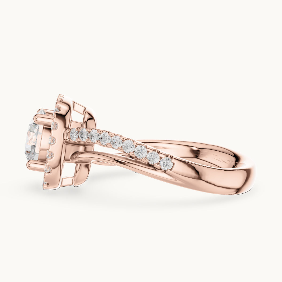 Round lab-grown diamond cushion halo crossover engagement ring in rose gold, 1.539 CT TW, view 3