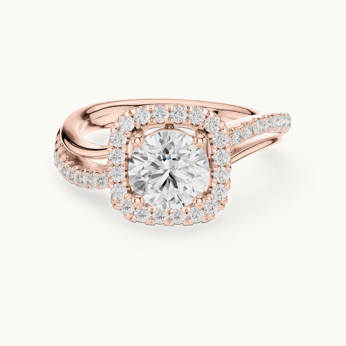 Round lab-grown diamond cushion halo crossover engagement ring in rose gold, 1.539 CT TW, view 4