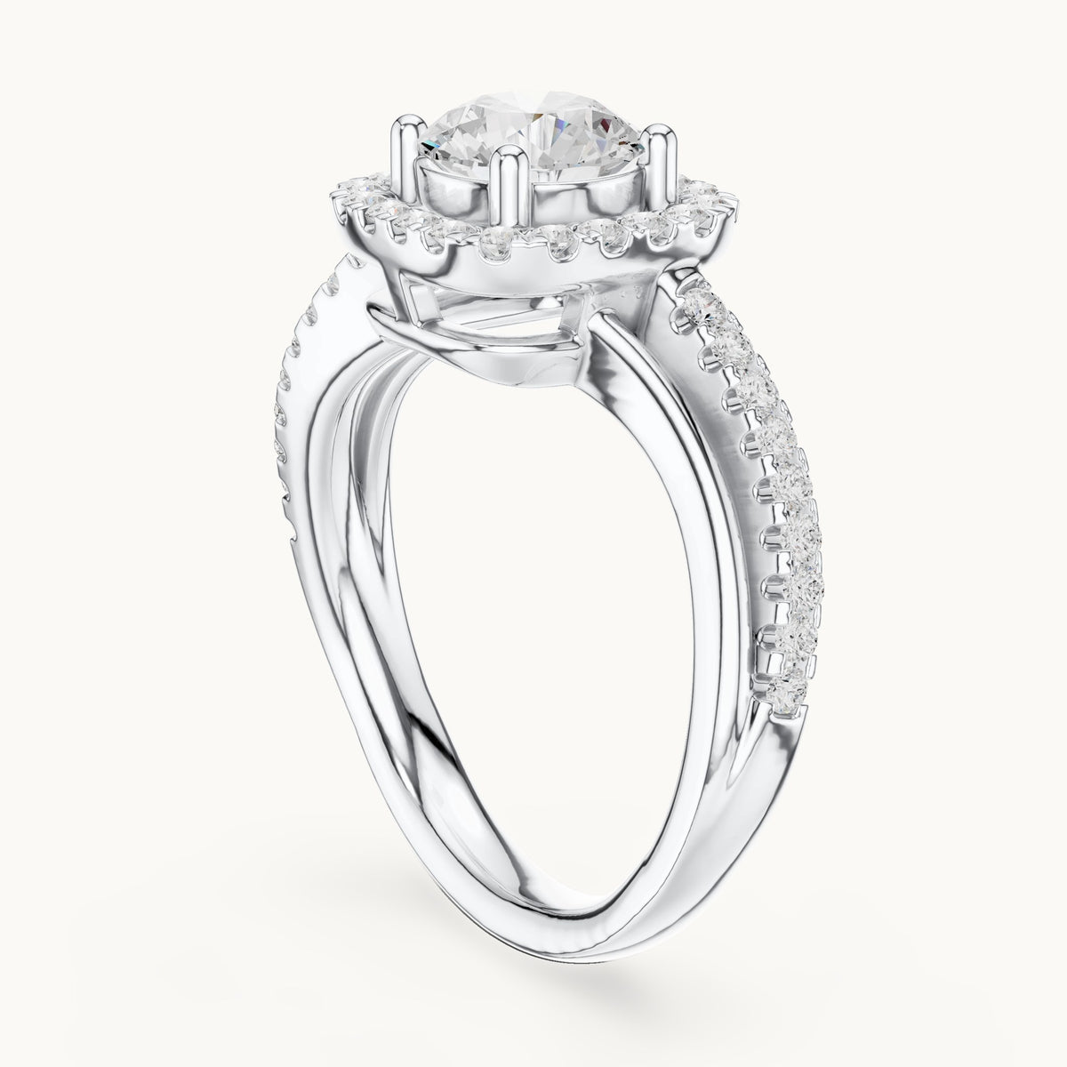 Round lab-grown diamond cushion halo crossover engagement ring in white gold, 1.539 CT TW, view 1