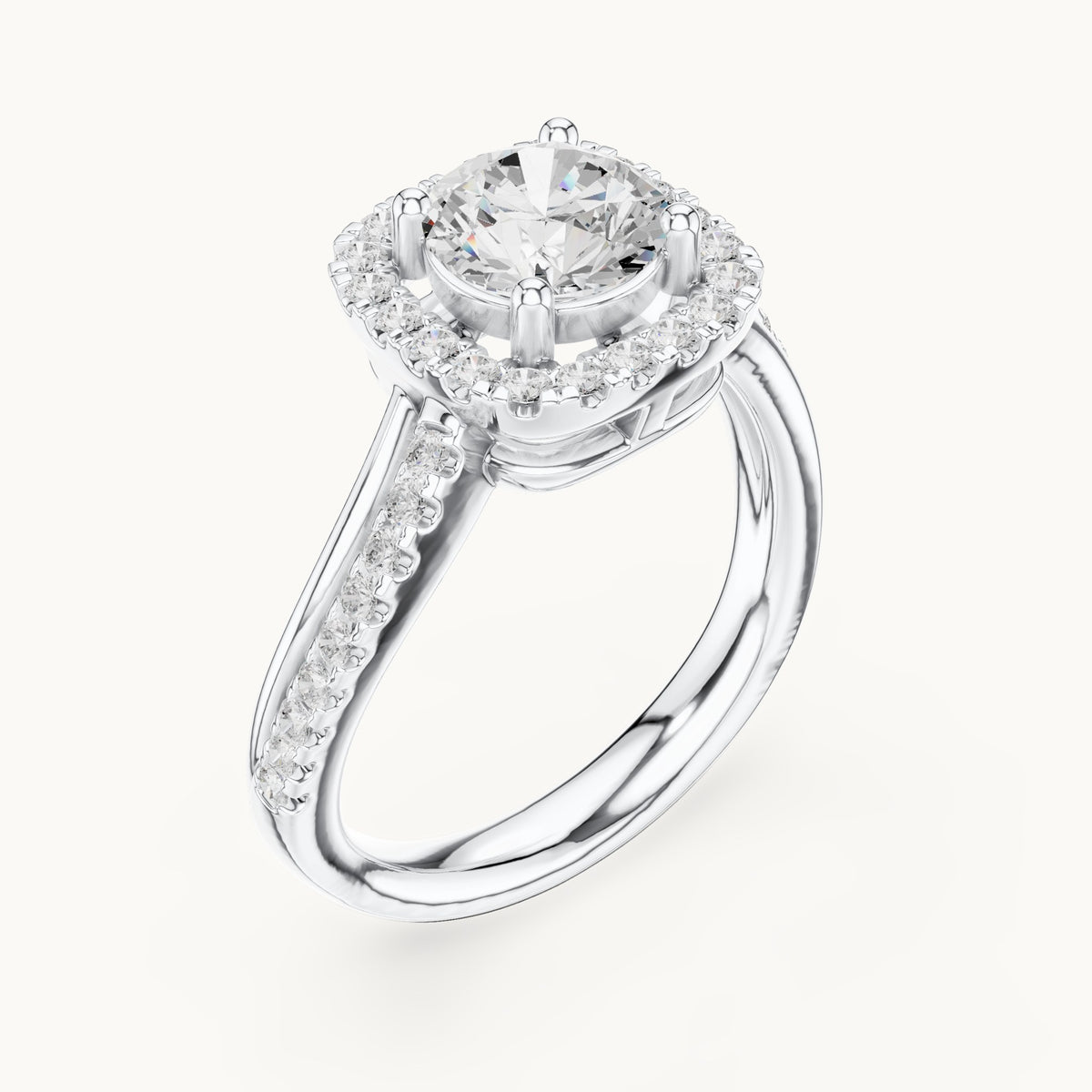 Round lab-grown diamond cushion halo crossover engagement ring in white gold, 1.539 CT TW, view 2