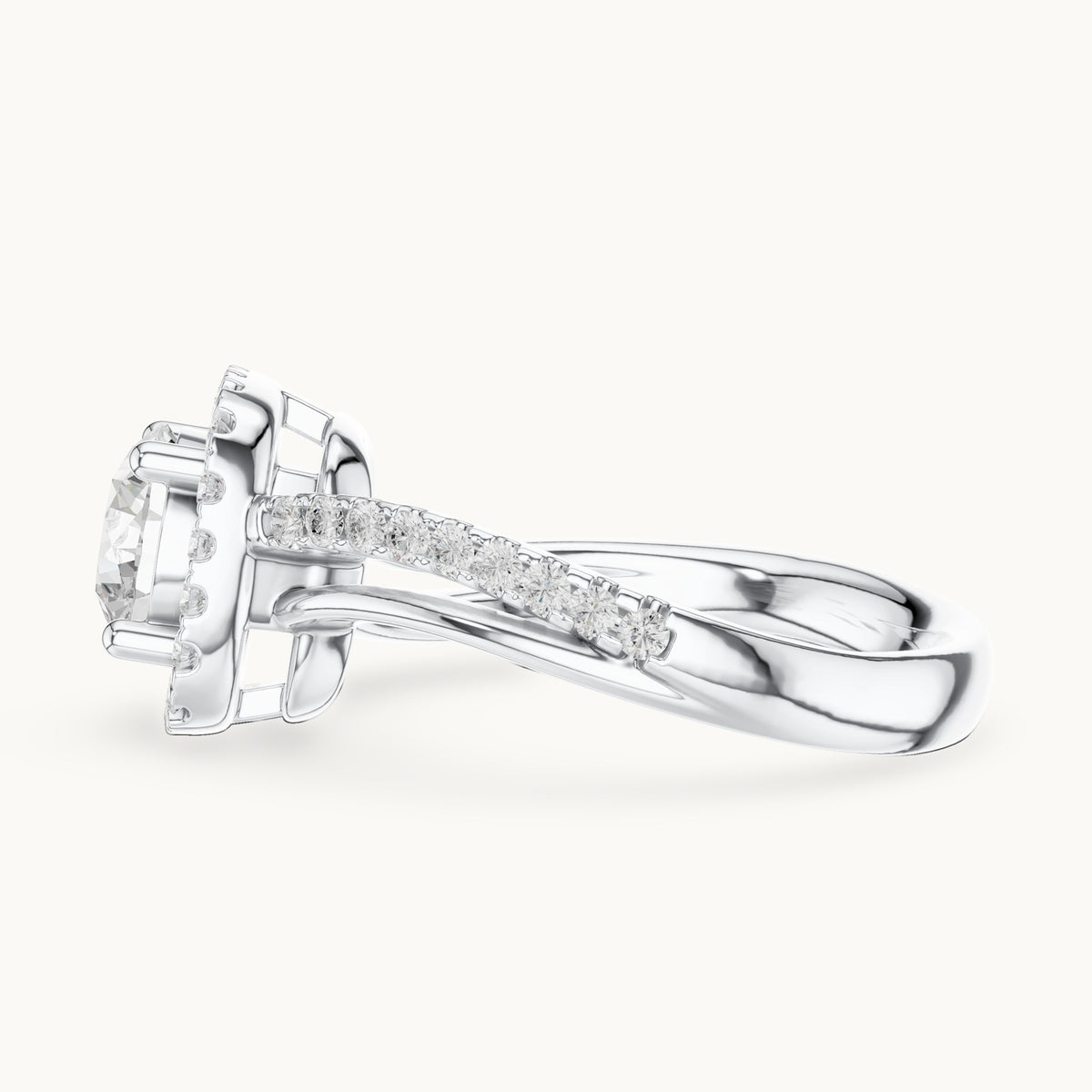 Round lab-grown diamond cushion halo crossover engagement ring in white gold, 1.539 CT TW, view 3