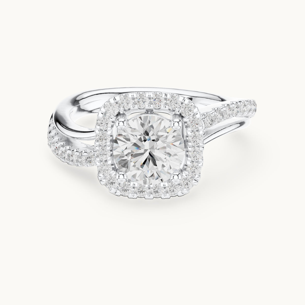 Round lab-grown diamond cushion halo crossover engagement ring in white gold, 1.539 CT TW, view 4