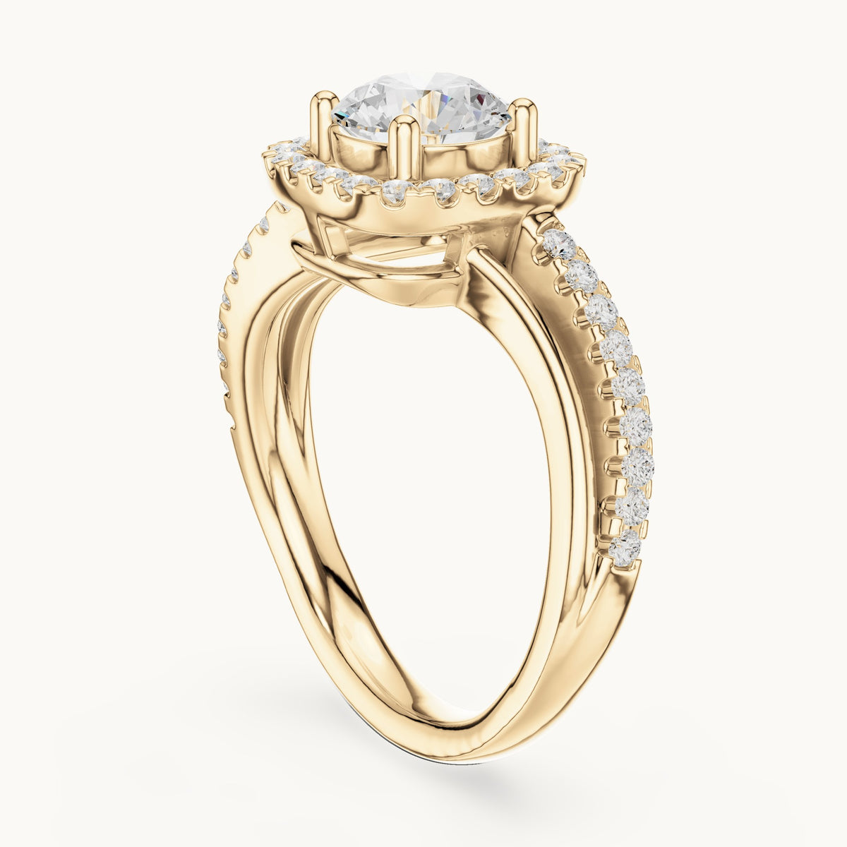 Round lab-grown diamond cushion halo crossover engagement ring in yellow gold, 1.539 CT TW, view 1