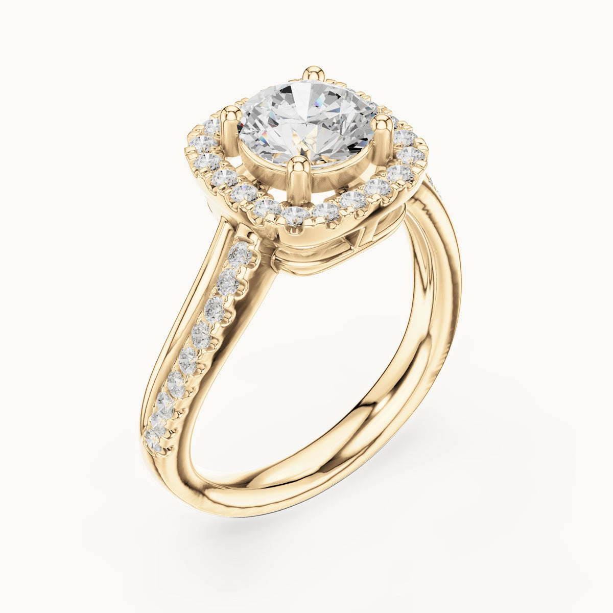Round lab-grown diamond cushion halo crossover engagement ring in yellow gold, 1.539 CT TW, view 2