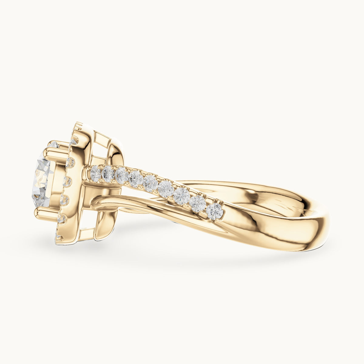 Round lab-grown diamond cushion halo crossover engagement ring in yellow gold, 1.539 CT TW, view 3