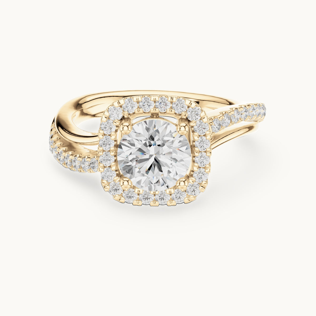 Round lab-grown diamond cushion halo crossover engagement ring in yellow gold, 1.539 CT TW, view 4