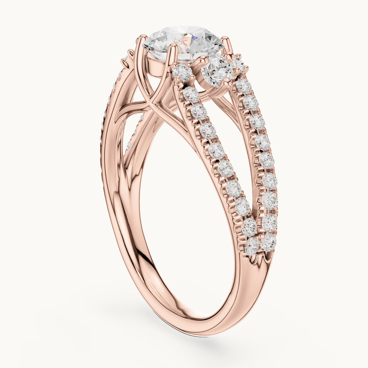 Round lab-grown diamond split shank pavé engagement ring in rose gold, 1.747 CT TW, view 1