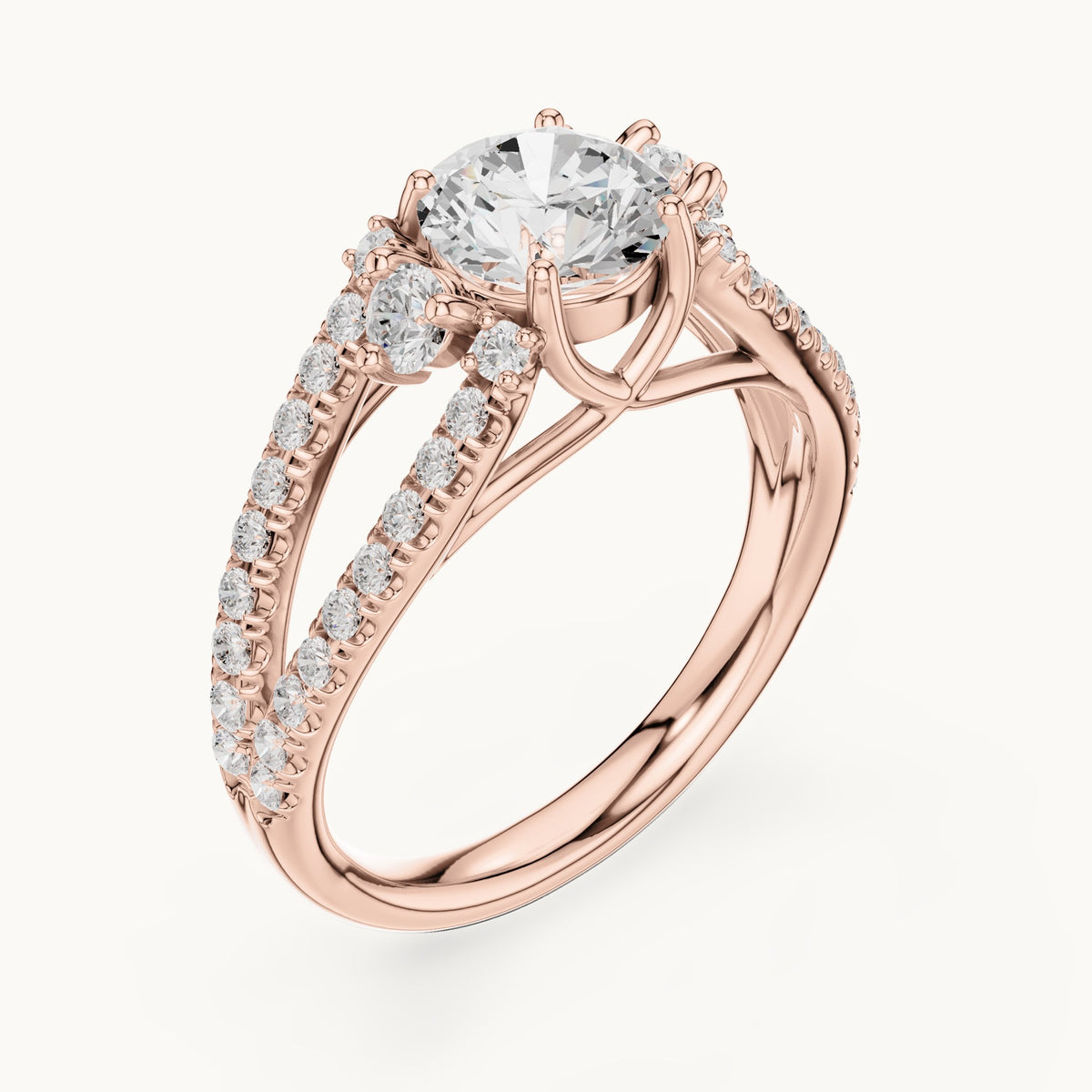 Round lab-grown diamond split shank pavé engagement ring in rose gold, 1.747 CT TW, view 2