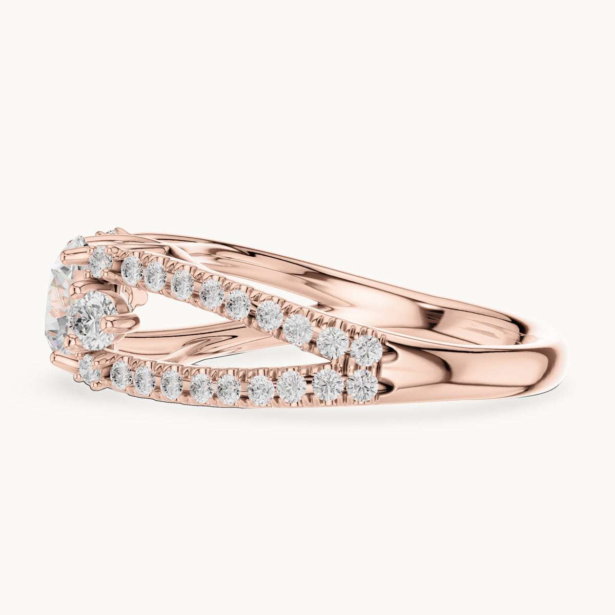 Round lab-grown diamond split shank pavé engagement ring in rose gold, 1.747 CT TW, view 3