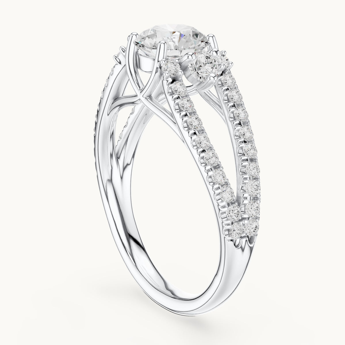 Round lab-grown diamond split shank pavé engagement ring in white gold, 1.747 CT TW, view 1