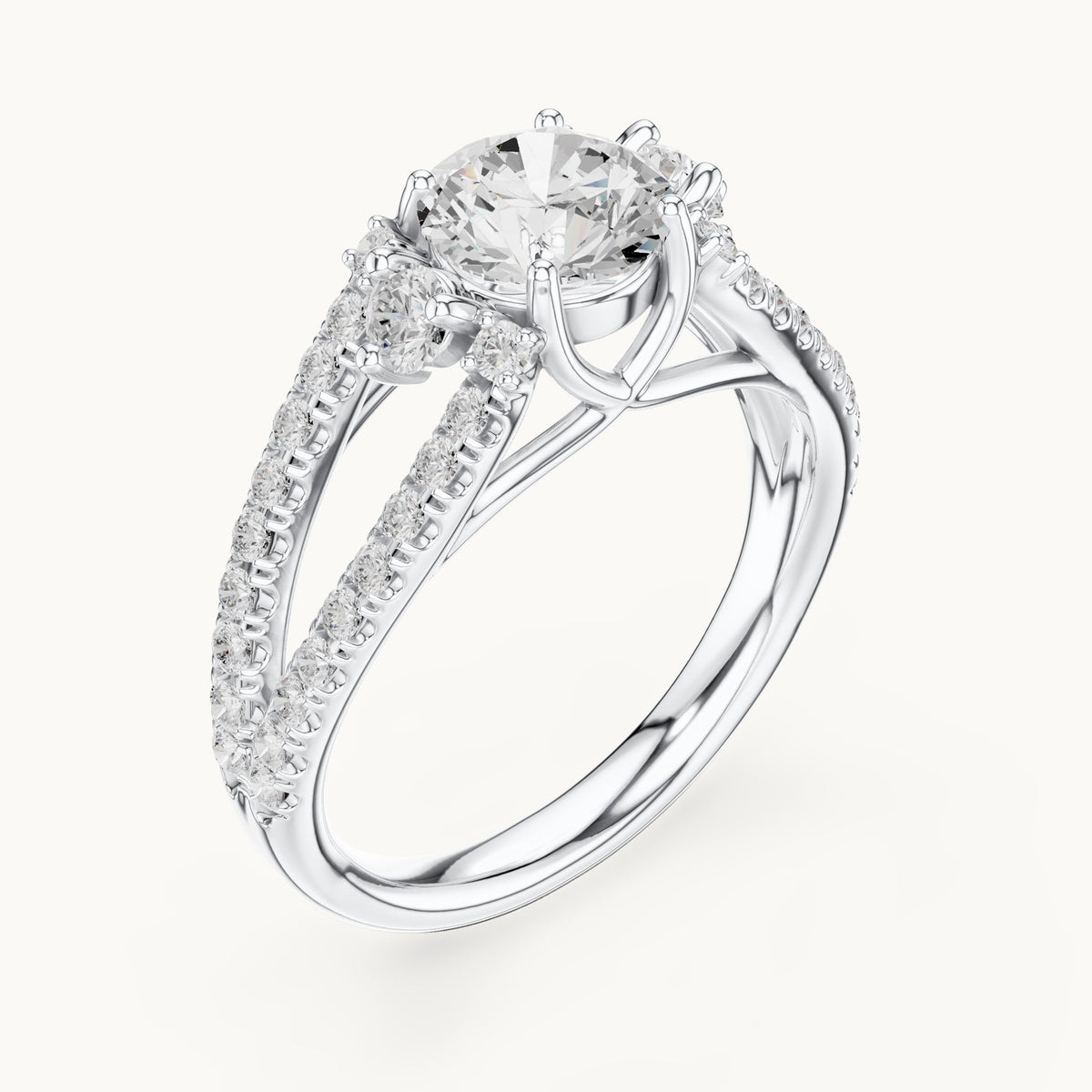 Round lab-grown diamond split shank pavé engagement ring in white gold, 1.747 CT TW, view 2