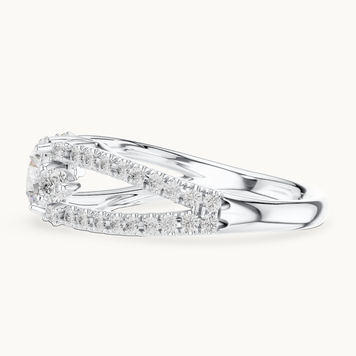 Round lab-grown diamond split shank pavé engagement ring in white gold, 1.747 CT TW, view 3