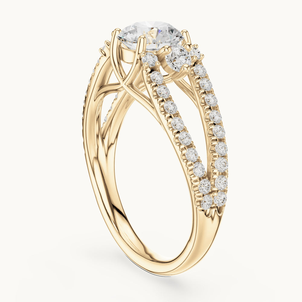 Round lab-grown diamond split shank pavé engagement ring in yellow gold, 1.747 CT TW, view 1